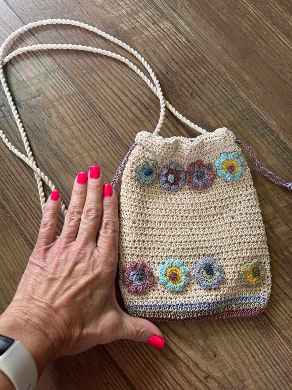 Handmade Cream Crochet Floral Drawstring Crossbody Bag by - Picture 2 of 5
